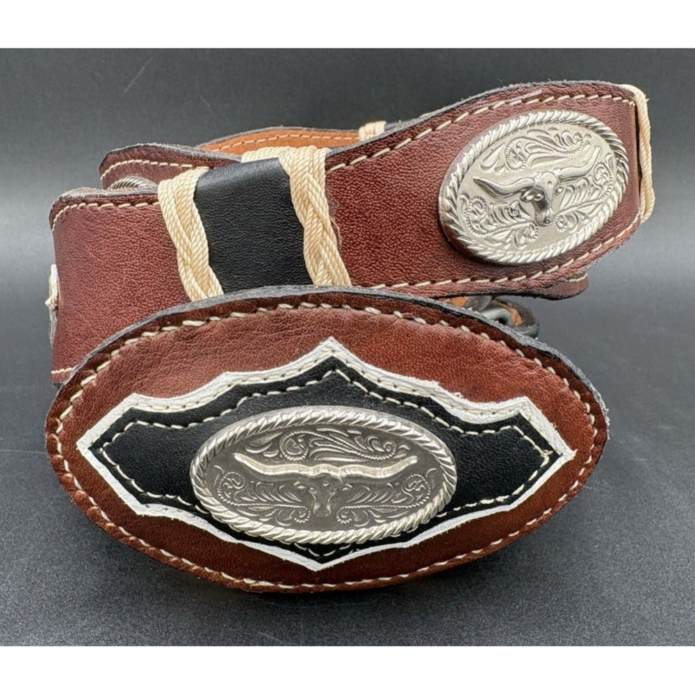 Western Cowboy Belt Men's 38 Rodeo Steer Brown Silver Weave Oval Buckle EUC